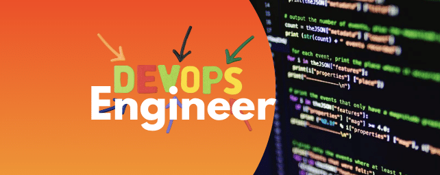 DevOps engineer banner met kleurrijke letters tegen een achtergrond met code op een beeldscherm